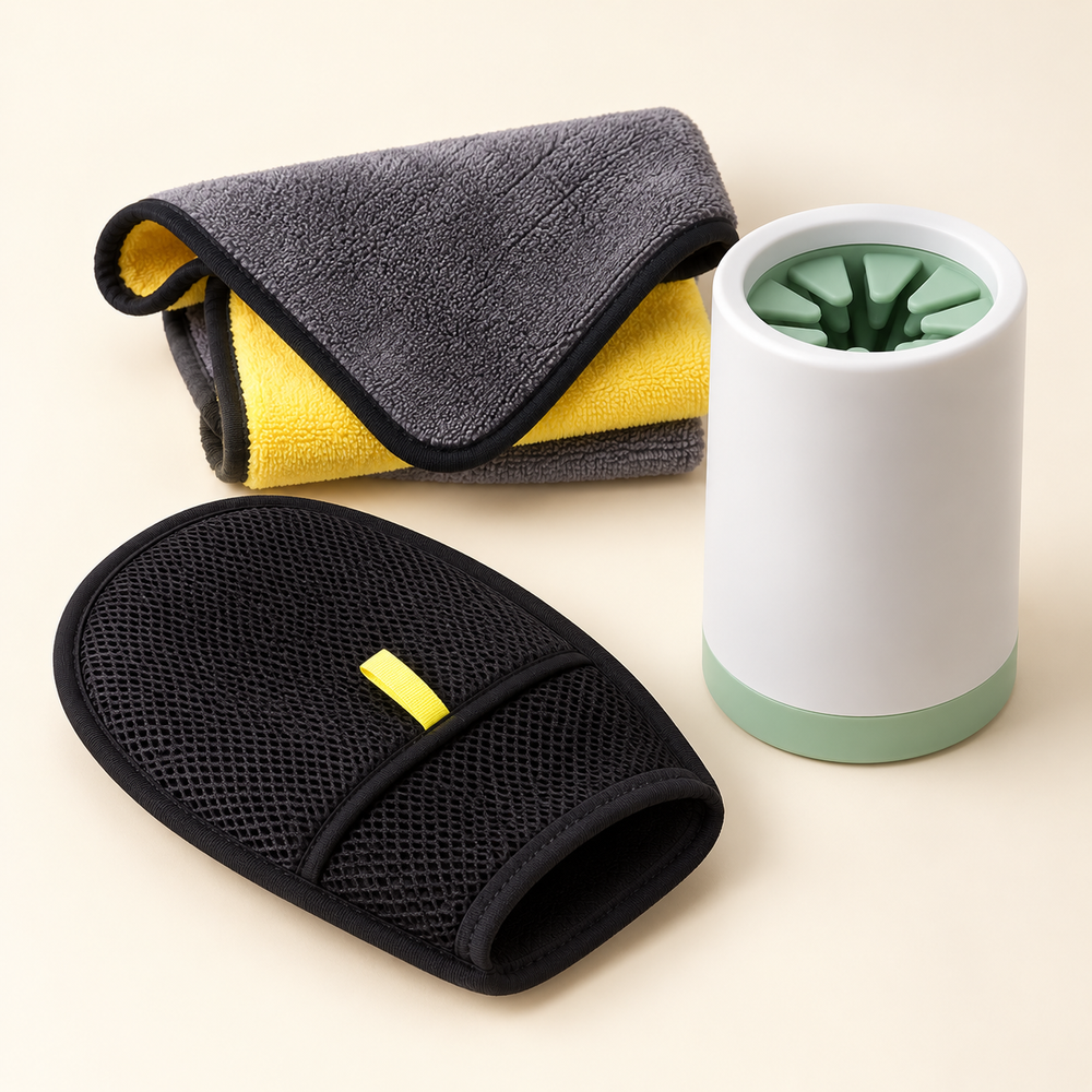 Three-piece kit illustration: one paw cleaner cup, one grooming mitt and one drying towel