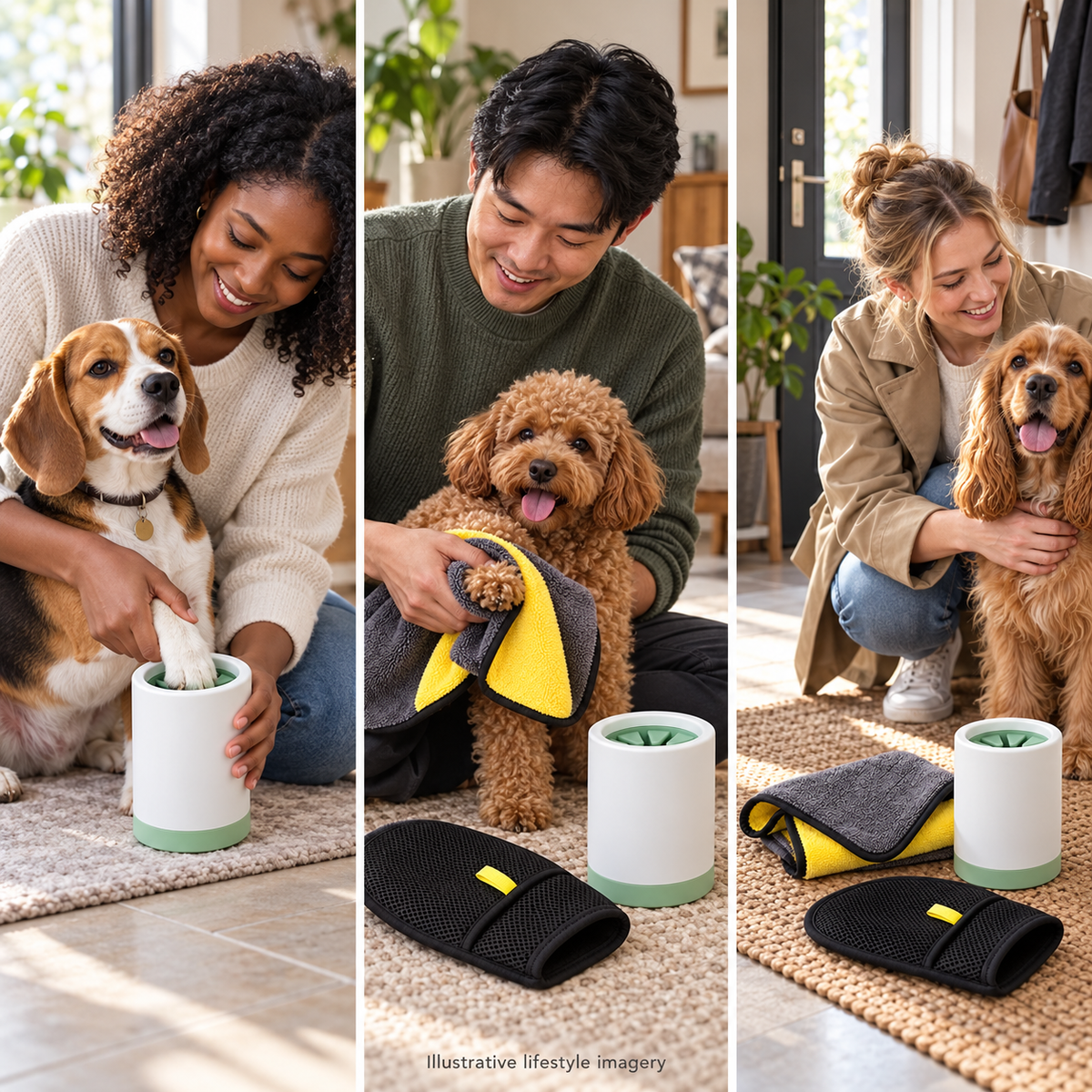 AI-generated illustrative lifestyle imagery: different dog breeds using the kit; not customer reviews